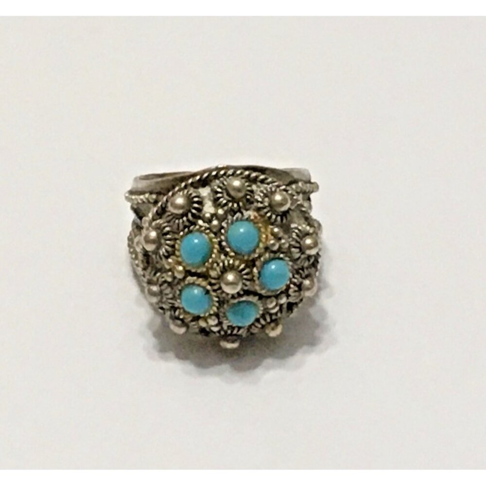 Sterling Silver Ring Faux Turquoise Dome Cannetille Etruscan Filigree Adjustable